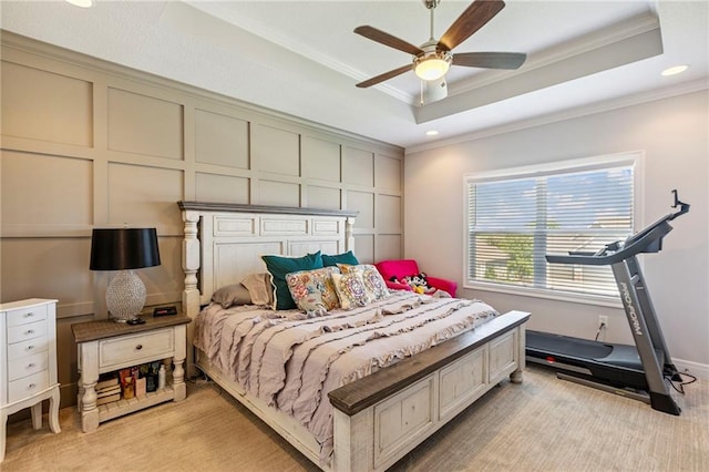 1401 Spurlock Cv, Raymore, MO 64083 - bedroom with a tray ceiling, ornamental molding, recessed lighting, ceiling fan, and light carpet