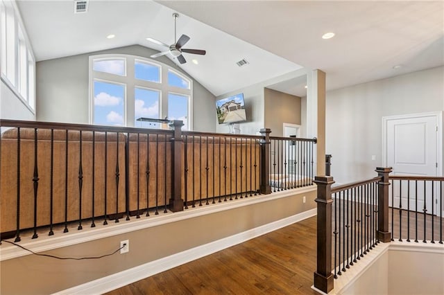 1401 Spurlock Cv, Raymore, MO 64083 - stairs featuring wood finished floors, a ceiling fan, lofted ceiling, and recessed lighting