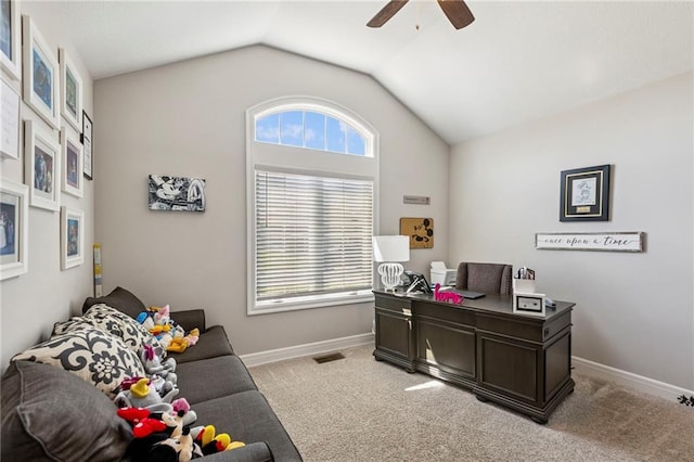 1401 Spurlock Cv, Raymore, MO 64083 - office featuring a ceiling fan, lofted ceiling, and carpet floors