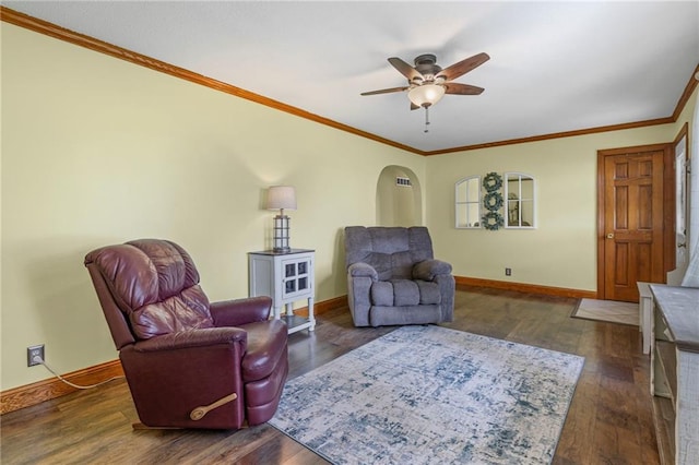20212 S Carriage Ln, Peculiar, MO 64078 - living room with ceiling fan, dark wood-style flooring, and ornamental molding