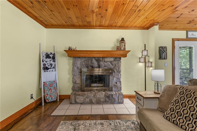 20212 S Carriage Ln, Peculiar, MO 64078 - living room with crown molding, wood finished floors, wooden ceiling, and a fireplace