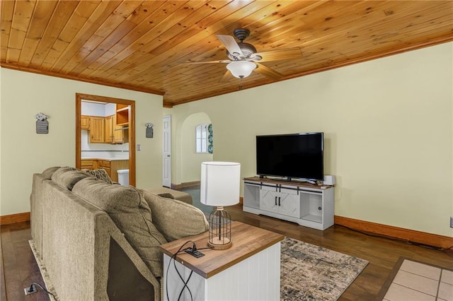 20212 S Carriage Ln, Peculiar, MO 64078 - living room with crown molding, arched walkways, a ceiling fan, wooden ceiling, and wood finished floors