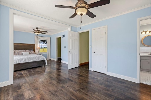 20212 S Carriage Ln, Peculiar, MO 64078 - bedroom with crown molding, dark wood-style floors, ensuite bathroom, and ceiling fan