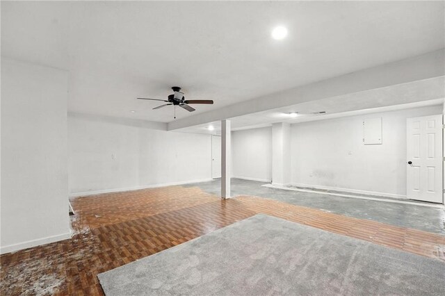 802 S Morgan Dr, Peculiar, MO 64078 - finished below grade area with wood finished floors, ceiling fan, recessed lighting, and electric panel
