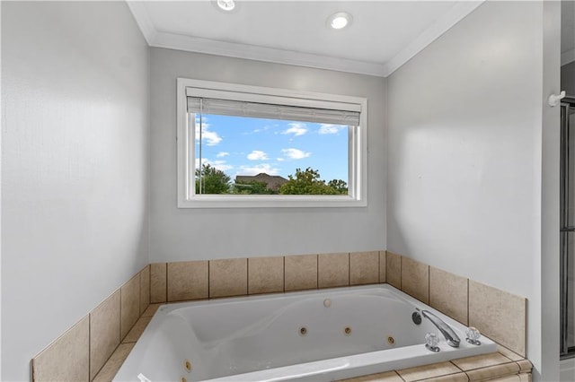 13785 E Nelson Rd, Nevada, MO 64772 - bathroom with a whirlpool tub, crown molding, and recessed lighting
