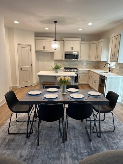 1309 N 4th St E, Louisburg, KS 66053 - kitchen with stainless steel appliances, wood finished floors, light countertops, decorative backsplash, and recessed lighting