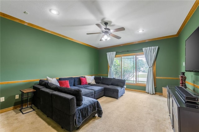 2621 SE 5th St, Lees Summit, MO 64063 - living area featuring crown molding, light colored carpet, a ceiling fan, and recessed lighting