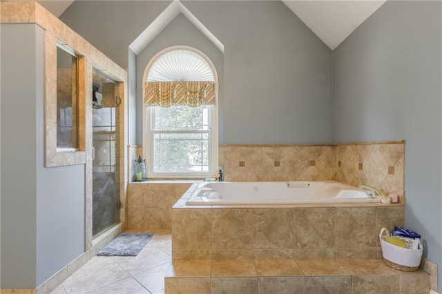 2621 SE 5th St, Lees Summit, MO 64063 - full bath with a garden tub, tiled shower, vaulted ceiling, and tile patterned floors