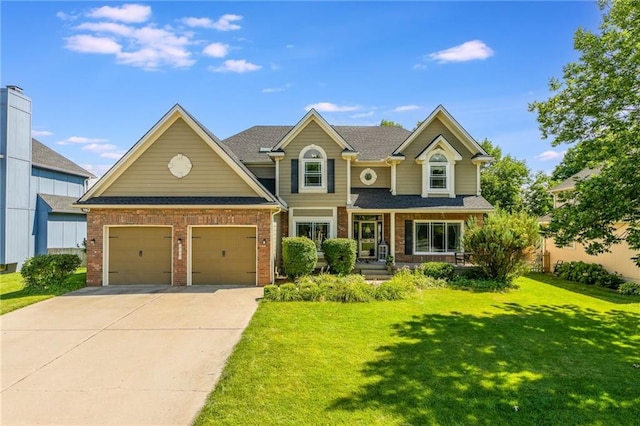 2621 SE 5th St, Lees Summit, MO 64063 - view of front facade featuring brick siding, concrete driveway, a front yard, and a porch
