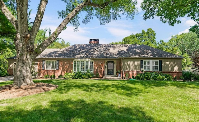 9201 Ensley Ln, Leawood, KS 66206 - ranch-style home with brick siding, a chimney, and a front yard