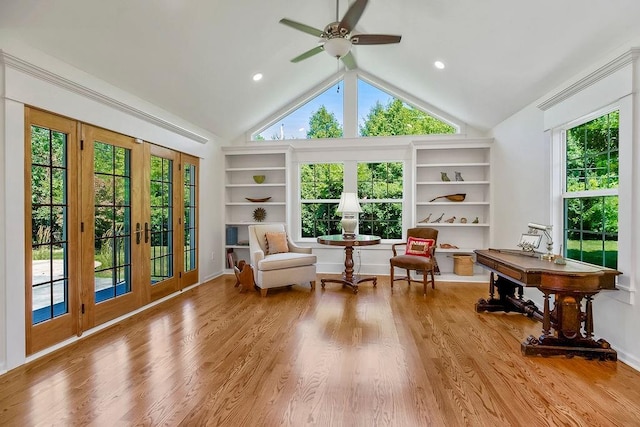 9201 Ensley Ln, Leawood, KS 66206 - sitting room with vaulted ceiling, a ceiling fan, wood finished floors, french doors, and recessed lighting