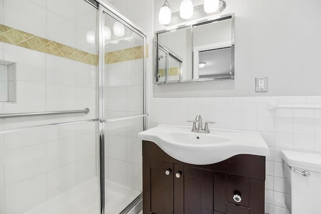 9201 Ensley Ln, Leawood, KS 66206 - full bath with vanity, a shower stall, and tile walls