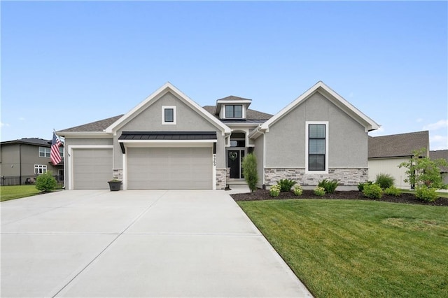 9260 Saddletop St, Lenexa, KS 66227 - view of front of house featuring stone siding, a front yard, stucco siding, an attached garage, and driveway