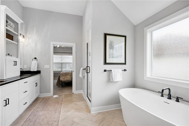 9260 Saddletop St, Lenexa, KS 66227 - bathroom featuring connected bathroom, vanity, a freestanding bath, vaulted ceiling, and a stall shower