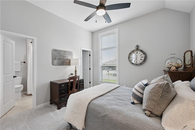 9260 Saddletop St, Lenexa, KS 66227 - bedroom featuring light tile patterned flooring, ensuite bathroom, a ceiling fan, and lofted ceiling