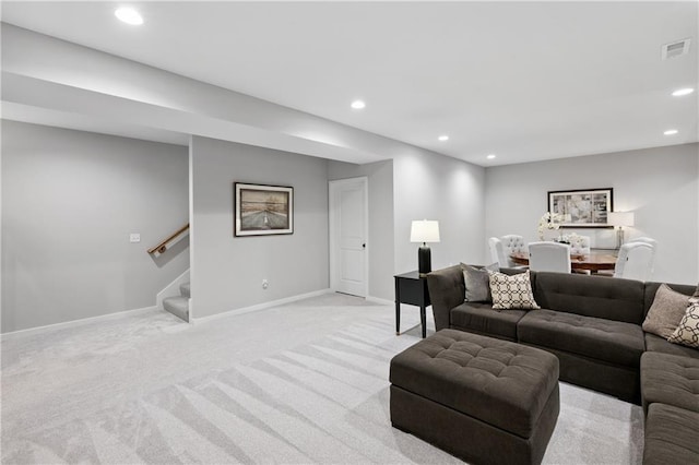 9260 Saddletop St, Lenexa, KS 66227 - living room with light colored carpet, recessed lighting, and stairs