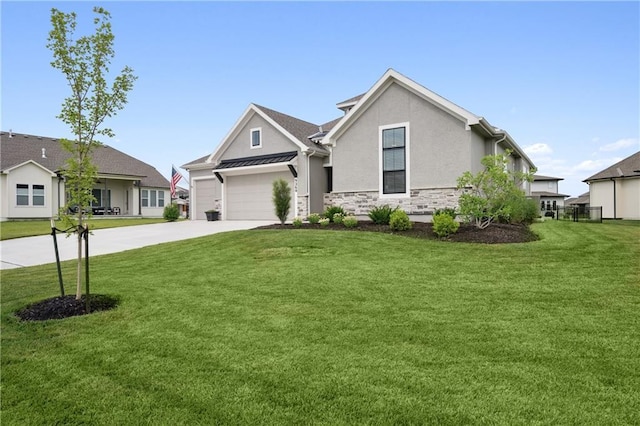 9260 Saddletop St, Lenexa, KS 66227 - view of front of house with stucco siding, driveway, stone siding, a front lawn, and a garage