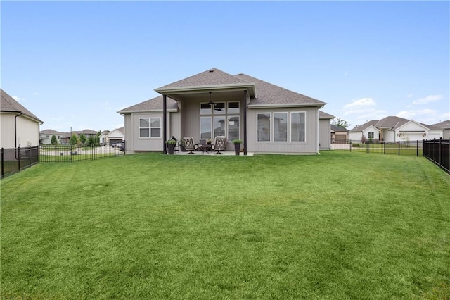 9260 Saddletop St, Lenexa, KS 66227 - back of property with a fenced backyard, a patio area, a shingled roof, ceiling fan, and a residential view