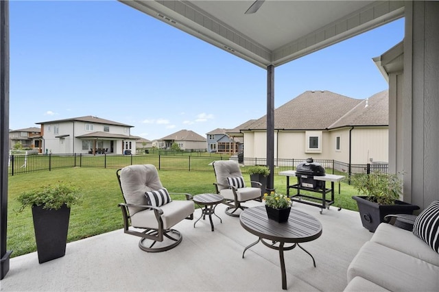 9260 Saddletop St, Lenexa, KS 66227 - fenced backyard featuring a patio area, a residential view, and ceiling fan