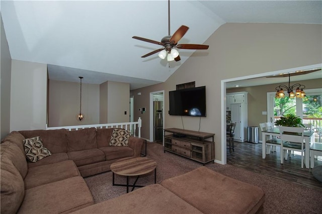 1005 Hunters Rd, Blue Springs, MO 64014 - living area featuring a ceiling fan, carpet flooring, and high vaulted ceiling