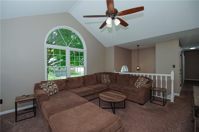 1005 Hunters Rd, Blue Springs, MO 64014 - living room with lofted ceiling, carpet, and a ceiling fan