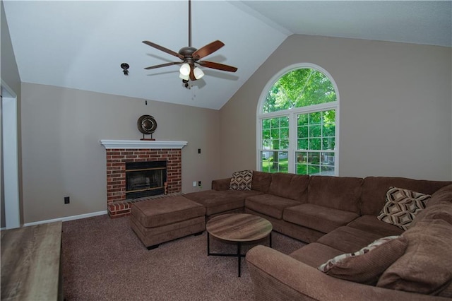 1005 Hunters Rd, Blue Springs, MO 64014 - living area featuring lofted ceiling, ceiling fan, and a fireplace