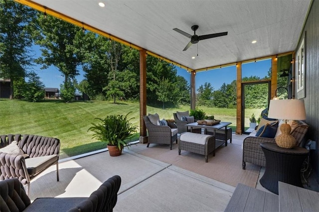 13 Tahoma Rdg, Lake Winnebago, MO 64034 - view of patio / terrace with an outdoor living space and a ceiling fan