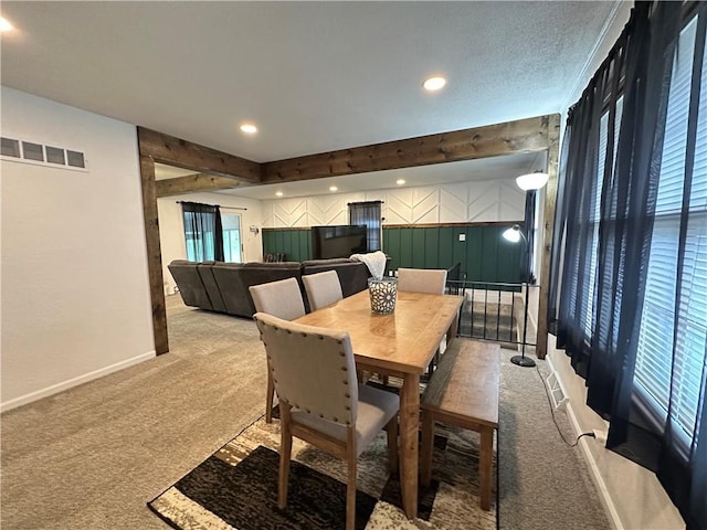 12913 E 41st St S, Independence, MO 64055 - dining space featuring carpet floors, healthy amount of natural light, recessed lighting, and beam ceiling