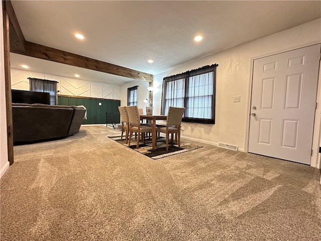 12913 E 41st St S, Independence, MO 64055 - dining area with carpet flooring, recessed lighting, and beam ceiling