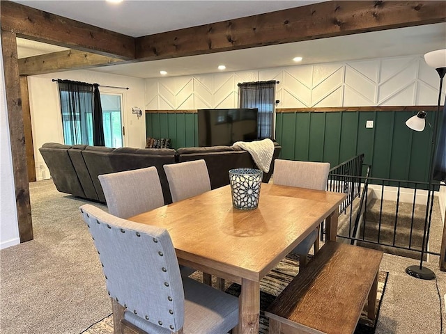 12913 E 41st St S, Independence, MO 64055 - carpeted dining room featuring a decorative wall, beamed ceiling, and recessed lighting