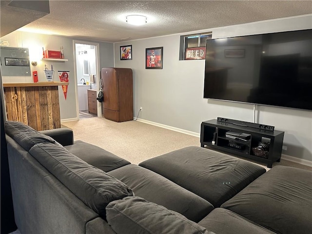 12913 E 41st St S, Independence, MO 64055 - living room featuring carpet flooring, a textured ceiling, and a bar