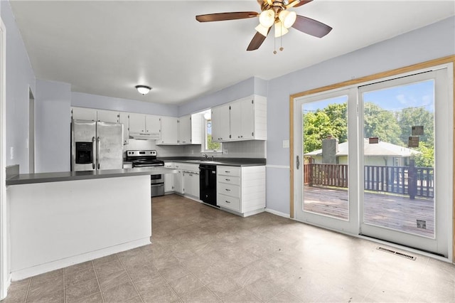 1301 Quincy St, Leavenworth, KS 66048 - kitchen featuring stainless steel appliances, dark countertops, ceiling fan, white cabinets, and light floors