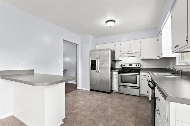 1301 Quincy St, Leavenworth, KS 66048 - kitchen featuring appliances with stainless steel finishes, under cabinet range hood, a peninsula, dark countertops, and white cabinetry