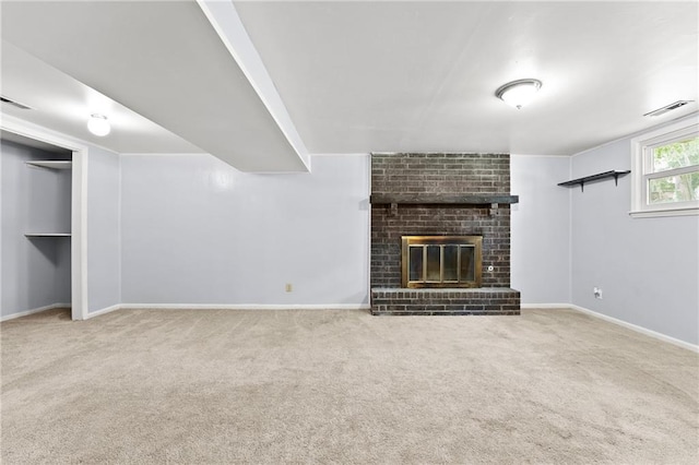 1301 Quincy St, Leavenworth, KS 66048 - unfurnished living room featuring carpet flooring and a brick fireplace