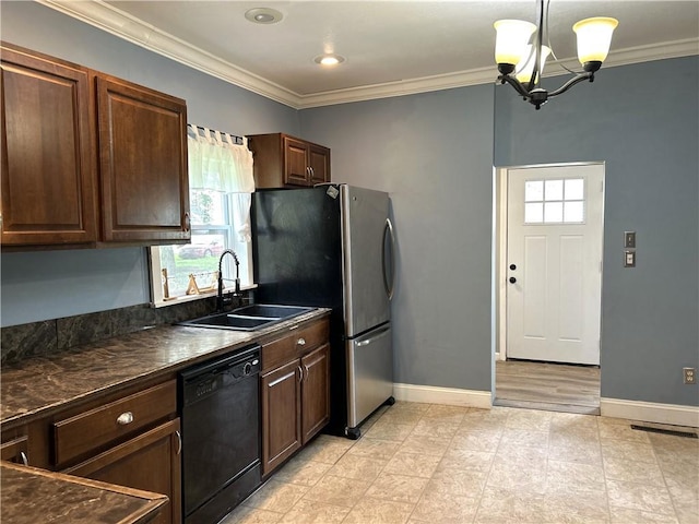 108 W Main St, Arma, KS 66712 - kitchen with dishwasher, dark countertops, a chandelier, plenty of natural light, and crown molding