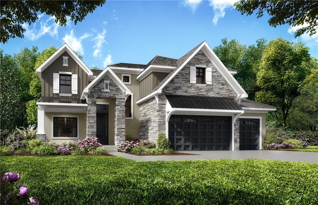 15267 W 161st Ter, Olathe, KS 66062 - view of front of home featuring stone siding, a metal roof, a front yard, a standing seam roof, and concrete driveway