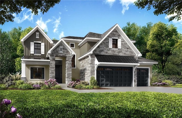 15267 W 161st Ter, Olathe, KS 66062 - view of front of home featuring stone siding, a metal roof, a front yard, a standing seam roof, and concrete driveway