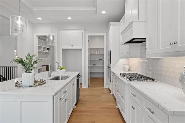 8164 Roundtree St, Lenexa, KS 66220 - kitchen featuring a raised ceiling, appliances with stainless steel finishes, light wood finished floors, a kitchen island with sink, and white cabinets