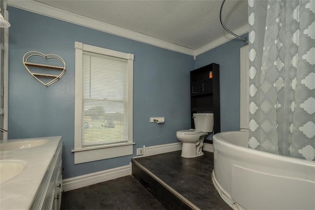 230 N 300th Rd, Overbrook, KS 66524 - bathroom with crown molding, shower / bathtub combination with curtain, double vanity, and a textured ceiling
