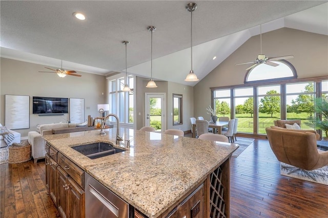 18670 W 248th St, Paola, KS 66071 - kitchen featuring open floor plan, dishwasher, dark wood-style floors, recessed lighting, and a ceiling fan