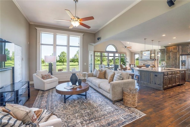 18670 W 248th St, Paola, KS 66071 - living area featuring a ceiling fan, dark wood-type flooring, and ornamental molding