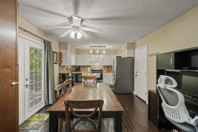 16304 W 126th St, Olathe, KS 66062 - dining space featuring ceiling fan, a textured ceiling, and dark wood-style flooring