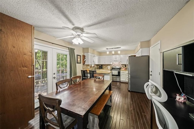 16304 W 126th St, Olathe, KS 66062 - dining area with a ceiling fan, dark wood-style floors, french doors, and a textured ceiling