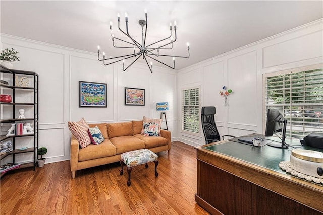 11401 Cedar St, Leawood, KS 66211 - home office featuring a decorative wall, a chandelier, wood finished floors, and ornamental molding