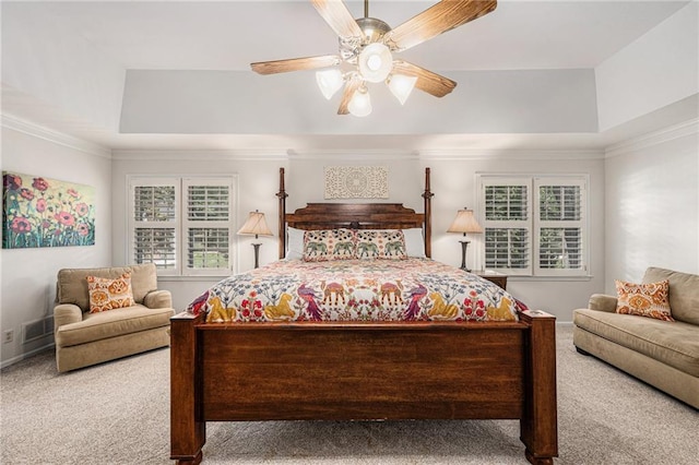 11401 Cedar St, Leawood, KS 66211 - bedroom featuring a raised ceiling, multiple windows, carpet, crown molding, and ceiling fan