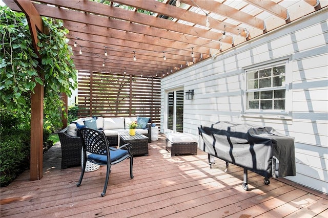 11401 Cedar St, Leawood, KS 66211 - wooden deck featuring an outdoor hangout area and a pergola