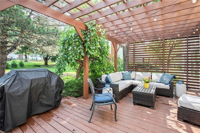 11401 Cedar St, Leawood, KS 66211 - deck featuring outdoor lounge area, grilling area, and a pergola