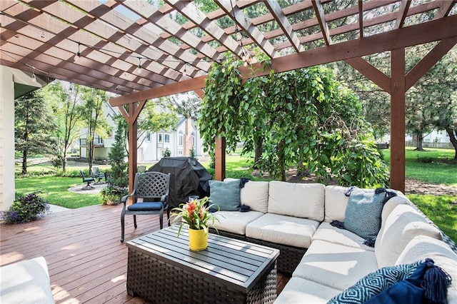 11401 Cedar St, Leawood, KS 66211 - wooden deck featuring outdoor lounge area, a pergola, a lawn, and area for grilling