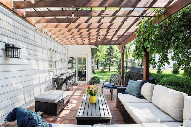 11401 Cedar St, Leawood, KS 66211 - view of patio featuring outdoor lounge area, a pergola, and a grill