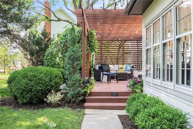 11401 Cedar St, Leawood, KS 66211 - wooden terrace featuring an outdoor living space and a pergola